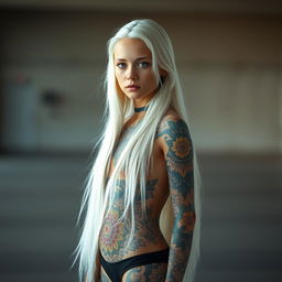 A striking girl with long, flowing white hair, standing at her full height with a proud and confident posture
