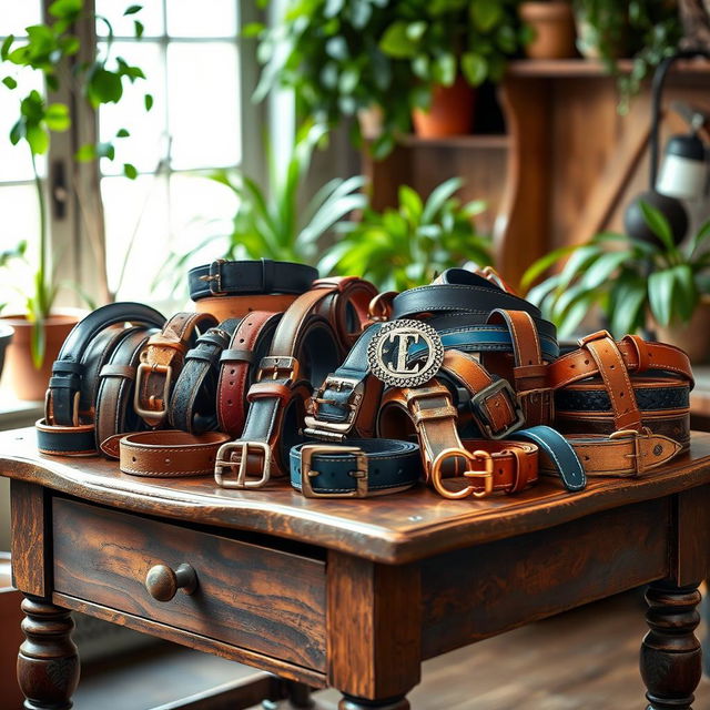 A stunning collection of fashionable belts displayed artistically on a vintage wooden table