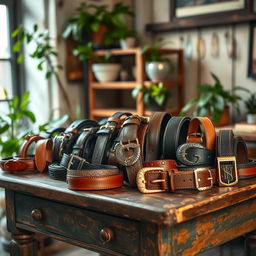 A stunning collection of fashionable belts displayed artistically on a vintage wooden table
