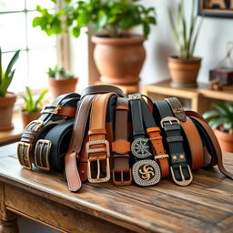 A stunning collection of fashionable belts displayed artistically on a vintage wooden table