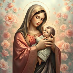 A serene and beautifully detailed depiction of Holy Mary holding the infant Jesus in her arms, both radiating warmth and compassion