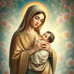 A serene and beautifully detailed depiction of Holy Mary holding the infant Jesus in her arms, both radiating warmth and compassion