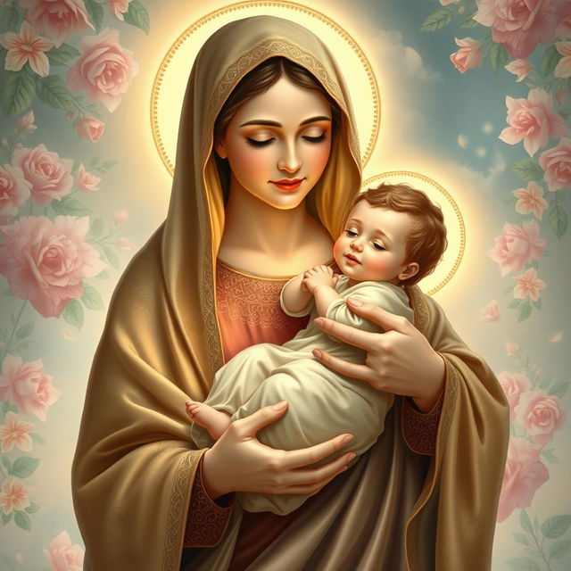 A serene and beautifully detailed depiction of Holy Mary holding the infant Jesus in her arms, both radiating warmth and compassion