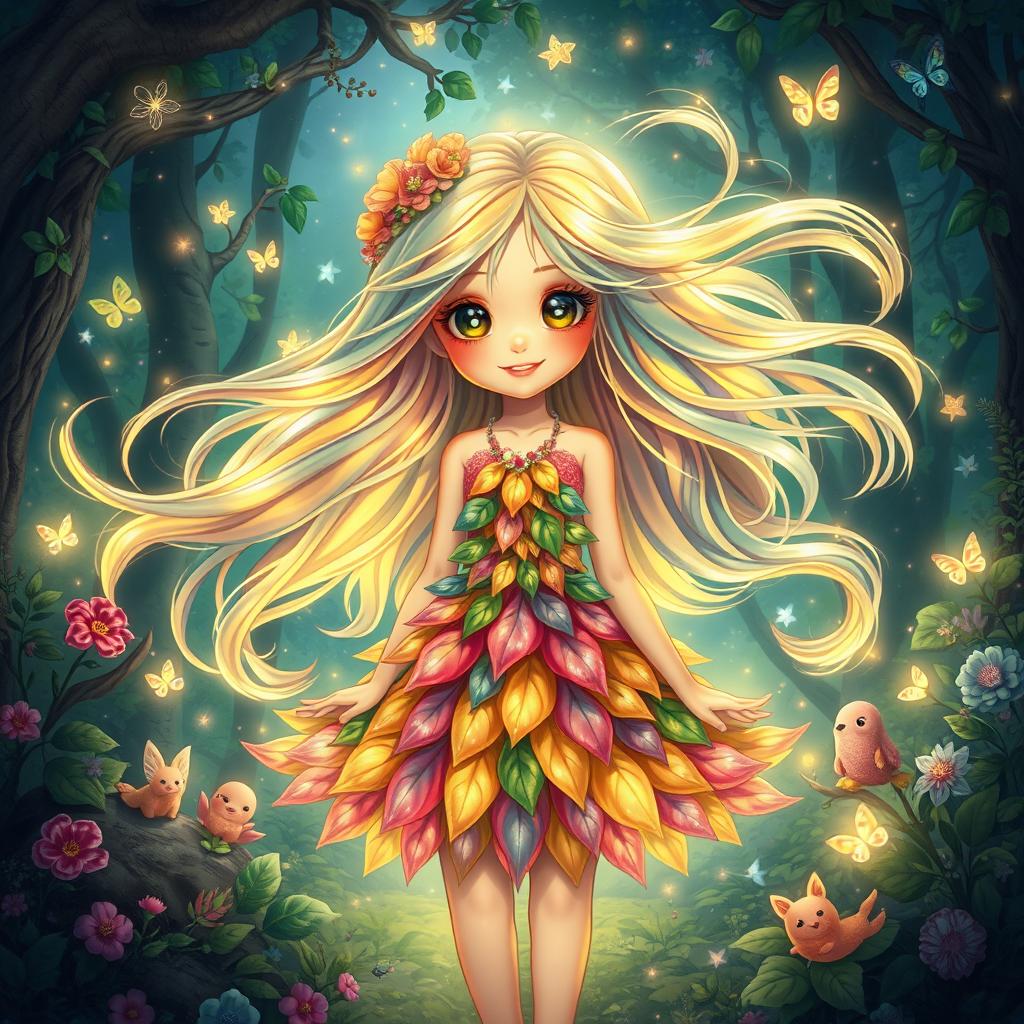 A magical, enchanting girl with flowing, iridescent hair that changes color in the light, wearing a whimsical dress made of petals and leaves