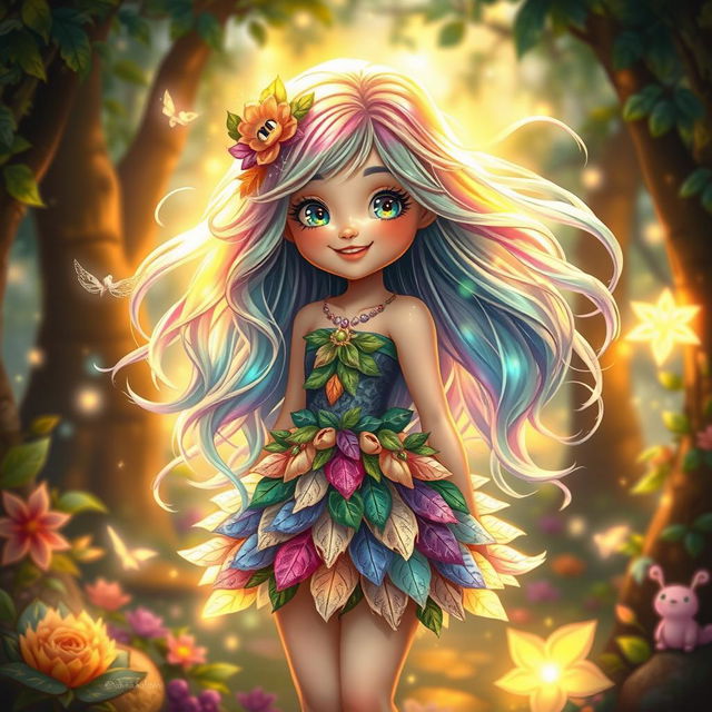 A magical, enchanting girl with flowing, iridescent hair that changes color in the light, wearing a whimsical dress made of petals and leaves