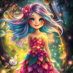 A magical, enchanting girl with flowing, iridescent hair that changes color in the light, wearing a whimsical dress made of petals and leaves
