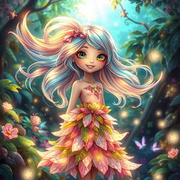 A magical, enchanting girl with flowing, iridescent hair that changes color in the light, wearing a whimsical dress made of petals and leaves