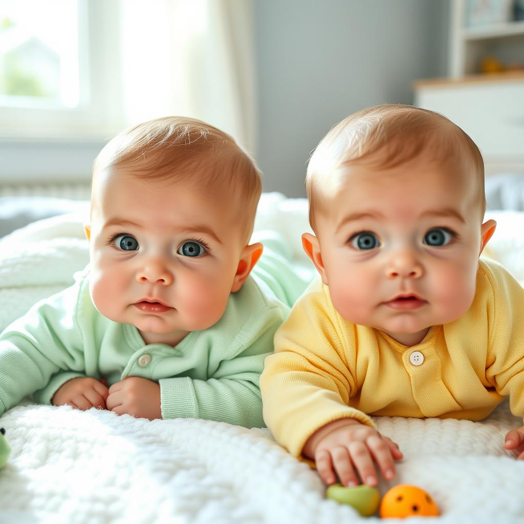 Two adorable baby twins with bright green eyes, each wearing cute pastel onesies, one in light green and the other in light yellow