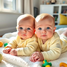 Two adorable baby twins with bright green eyes, each wearing cute pastel onesies, one in light green and the other in light yellow
