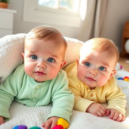 Two adorable baby twins with bright green eyes, each wearing cute pastel onesies, one in light green and the other in light yellow