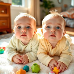 Two adorable baby twins with bright green eyes, each wearing cute pastel onesies, one in light green and the other in light yellow