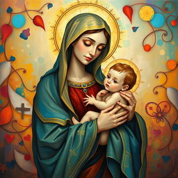 A serene depiction of Holy Mary holding baby Jesus, radiating warmth and maternal love, with a beautifully intricate and colorful background inspired by Dana Shahla's artistic style