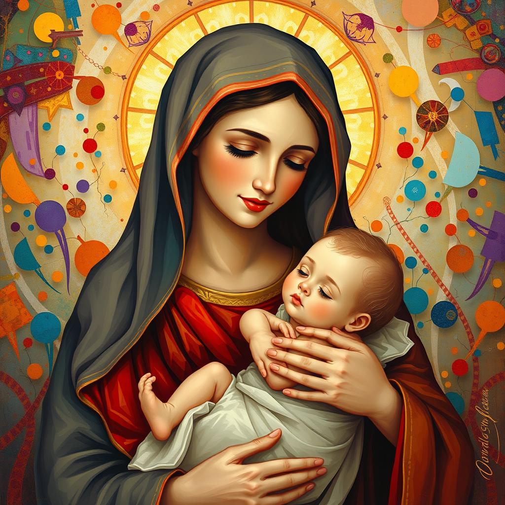 A serene depiction of Holy Mary holding baby Jesus, radiating warmth and maternal love, with a beautifully intricate and colorful background inspired by Dana Shahla's artistic style