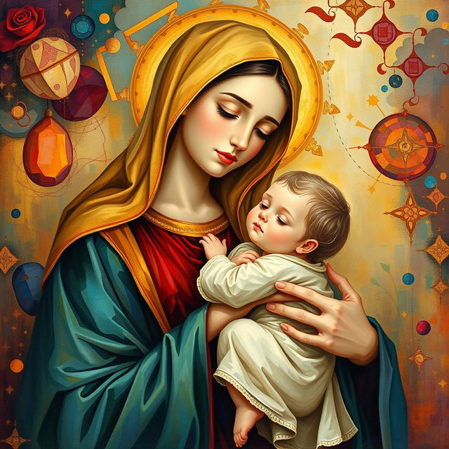 A serene depiction of Holy Mary holding baby Jesus, radiating warmth and maternal love, with a beautifully intricate and colorful background inspired by Dana Shahla's artistic style