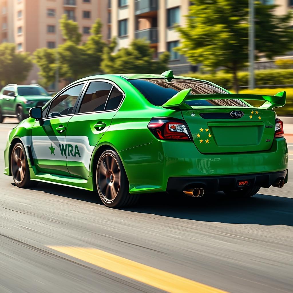 A vibrant and dynamic Subaru WRX STI, fully wrapped in the new Free Syrian green flag