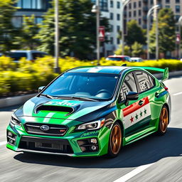A vibrant and dynamic Subaru WRX STI, fully wrapped in the new Free Syrian green flag