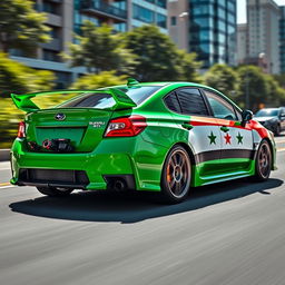A vibrant and dynamic Subaru WRX STI, fully wrapped in the new Free Syrian green flag