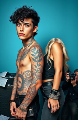 A tall young male rock star with striking blue eyes and light brown skin, adorned with intricate nature-themed tattoos