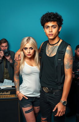 A tall young male rock star with striking blue eyes and light brown skin, adorned with intricate nature-themed tattoos