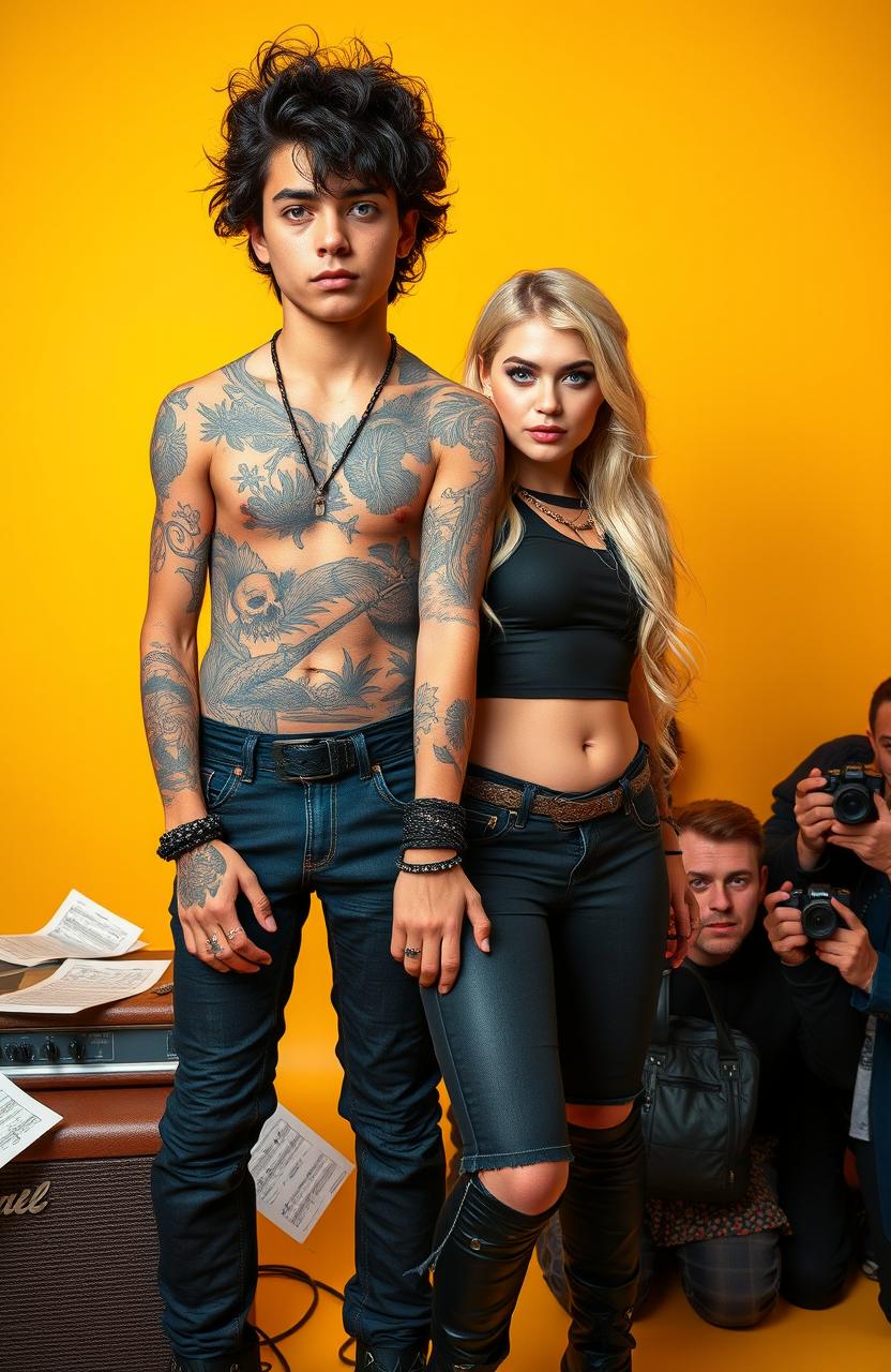 A tall young male rock star with striking blue eyes and light brown skin, adorned with intricate nature-themed tattoos