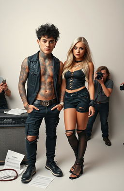 A tall young male rock star with striking blue eyes and light brown skin, adorned with intricate nature-themed tattoos