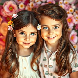 A portrait of a pair of adorable twins, a girl and a boy, featuring striking green eyes
