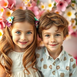 A portrait of a pair of adorable twins, a girl and a boy, featuring striking green eyes