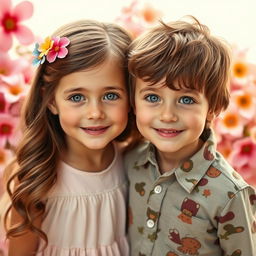 A portrait of a pair of adorable twins, a girl and a boy, featuring striking green eyes