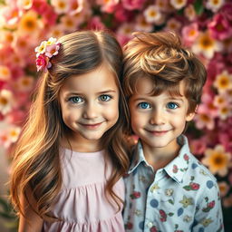 A portrait of a pair of adorable twins, a girl and a boy, featuring striking green eyes