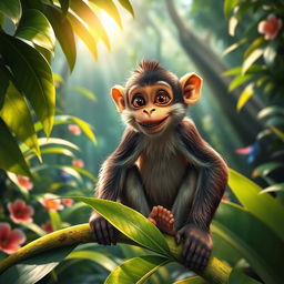 A realistic and vibrant image of a playful monkey sitting on a lush green branch in a rainforest, surrounded by tropical foliage