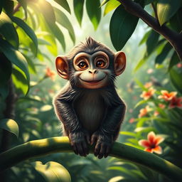 A realistic and vibrant image of a playful monkey sitting on a lush green branch in a rainforest, surrounded by tropical foliage