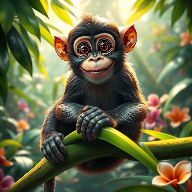 A realistic and vibrant image of a playful monkey sitting on a lush green branch in a rainforest, surrounded by tropical foliage