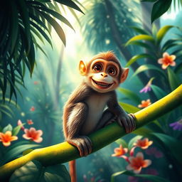 A realistic and vibrant image of a playful monkey sitting on a lush green branch in a rainforest, surrounded by tropical foliage