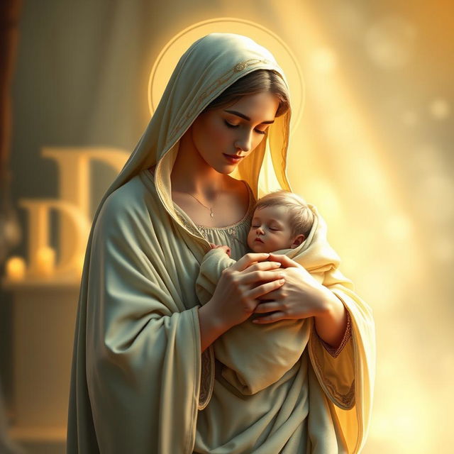 A serene depiction of Holy Mary cradling baby Jesus in her arms, showcasing a tender and loving expression on her face