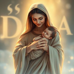 A serene depiction of Holy Mary cradling baby Jesus in her arms, showcasing a tender and loving expression on her face