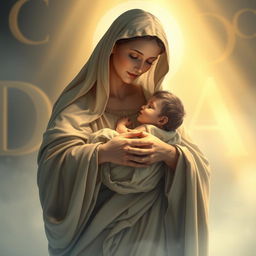 A serene depiction of Holy Mary cradling baby Jesus in her arms, showcasing a tender and loving expression on her face
