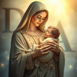 A serene depiction of Holy Mary cradling baby Jesus in her arms, showcasing a tender and loving expression on her face
