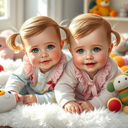 A beautifully detailed painting of a pair of adorable baby twins, a baby girl and a baby boy, both with bright green eyes