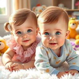 A beautifully detailed painting of a pair of adorable baby twins, a baby girl and a baby boy, both with bright green eyes