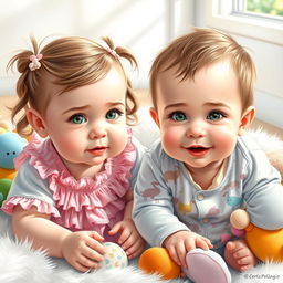 A beautifully detailed painting of a pair of adorable baby twins, a baby girl and a baby boy, both with bright green eyes