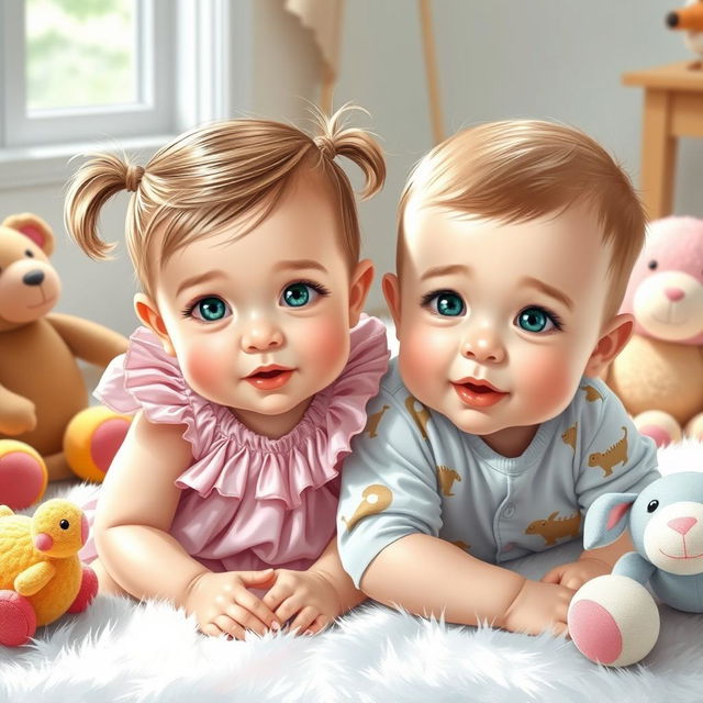 A beautifully detailed painting of a pair of adorable baby twins, a baby girl and a baby boy, both with bright green eyes