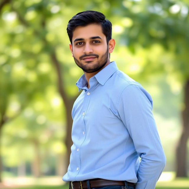 A portrait of a man named Mohammad Abbasnezhad, standing proudly with a slight smile, dressed in a smart casual outfit featuring a light blue dress shirt and dark jeans