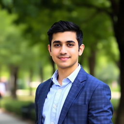 A portrait of a man named Mohammad Abbasnezhad, standing proudly with a slight smile, dressed in a smart casual outfit featuring a light blue dress shirt and dark jeans