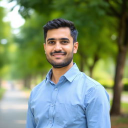A portrait of a man named Mohammad Abbasnezhad, standing proudly with a slight smile, dressed in a smart casual outfit featuring a light blue dress shirt and dark jeans