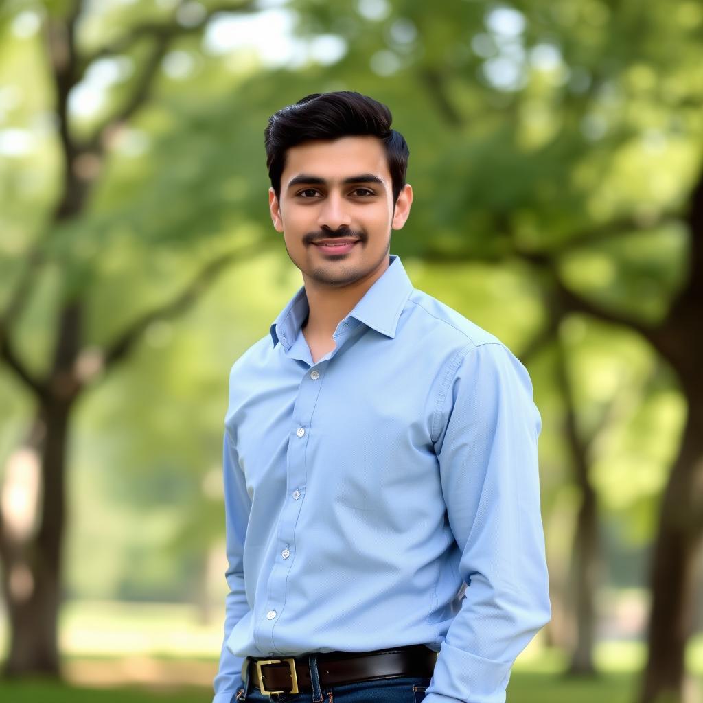 A portrait of a man named Mohammad Abbasnezhad, standing proudly with a slight smile, dressed in a smart casual outfit featuring a light blue dress shirt and dark jeans