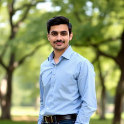 A portrait of a man named Mohammad Abbasnezhad, standing proudly with a slight smile, dressed in a smart casual outfit featuring a light blue dress shirt and dark jeans