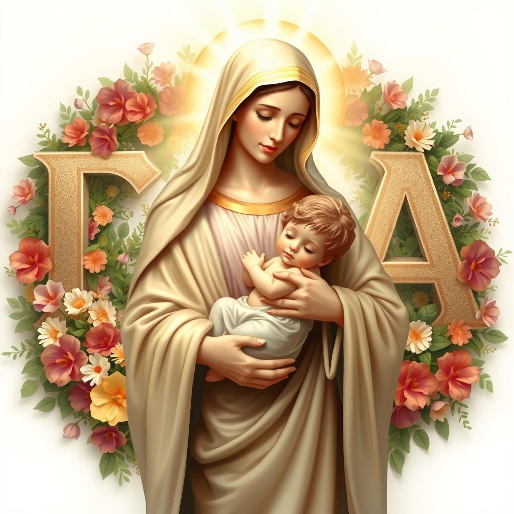 A serene depiction of Holy Mary gently holding baby Jesus in her arms, radiating warmth and maternal love