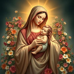 A serene depiction of Holy Mary gently holding baby Jesus in her arms, radiating warmth and maternal love
