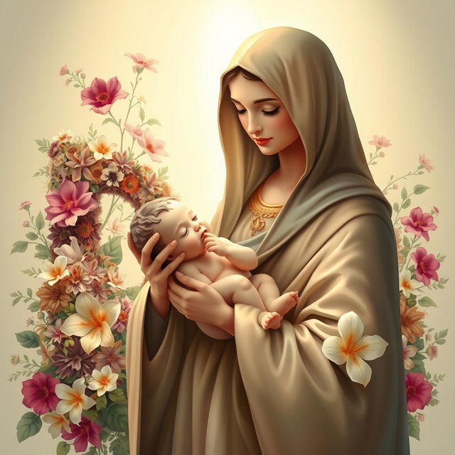 A serene depiction of Holy Mary gently holding baby Jesus in her arms, radiating warmth and maternal love