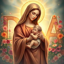 A serene depiction of Holy Mary gently holding baby Jesus in her arms, radiating warmth and maternal love